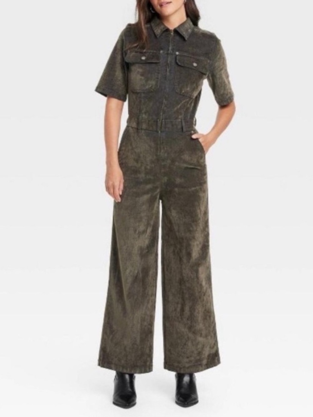 Universal Thread Olive Green Short-Sleeve Wide-Leg Jumpsuit